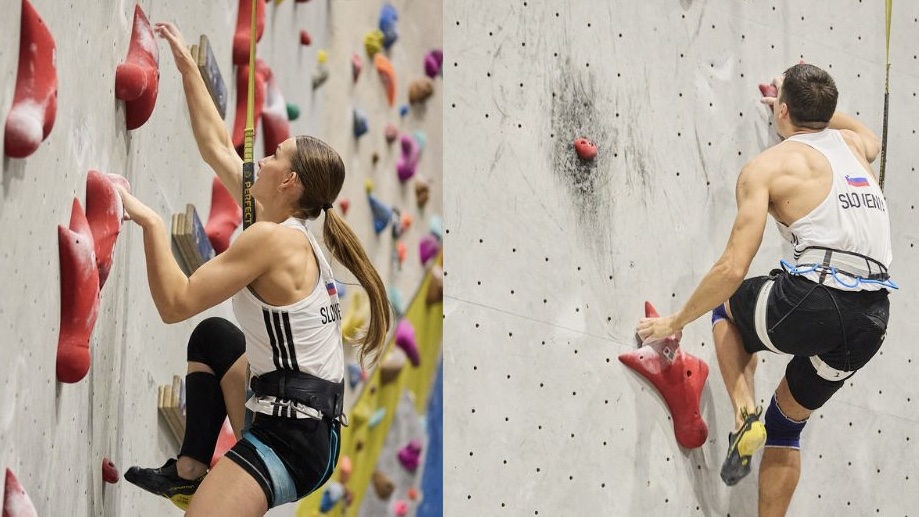 Stella Novak in Anej Koštomaj, nosilca državnih rekordov v hitrosnem plezanju. (foto: Boštjan Selinšek)