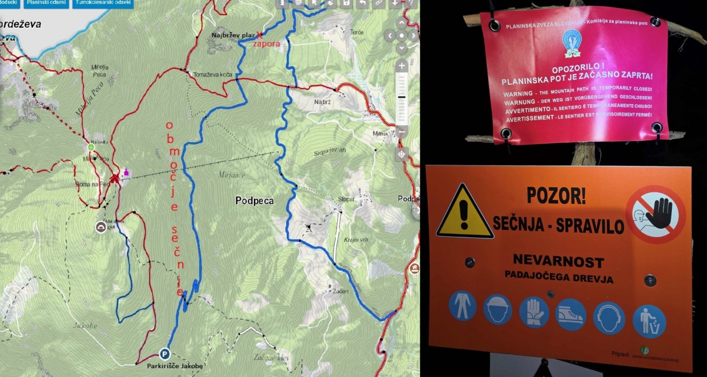 ZAPRTA oskrbovalna pot do parkirišča Jakobe (pod Peco)